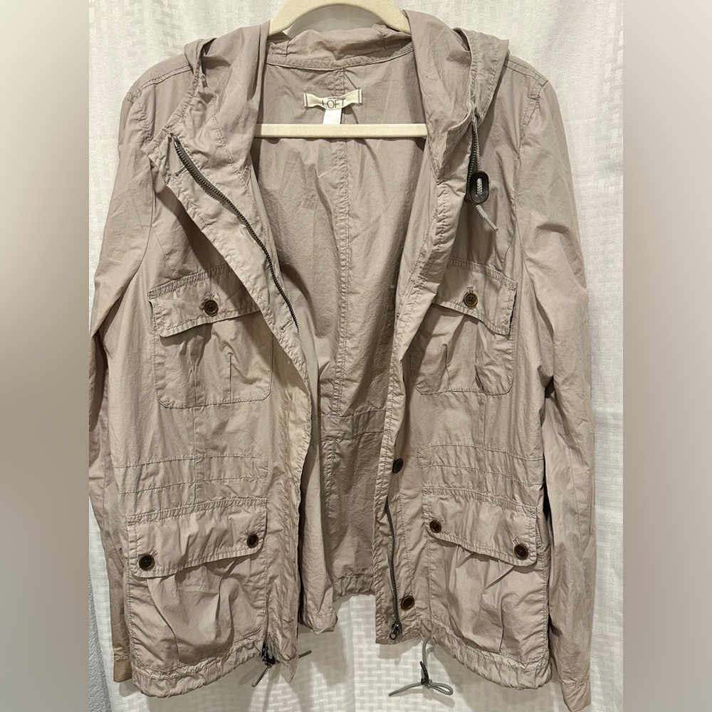 LOFT HOODED ZIP/BUTTON TWILL UTILITY JACKET - XL KHAKI - EUC